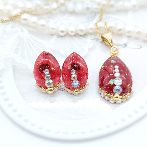 ガーネット風のピアス ネックレスセット② No97