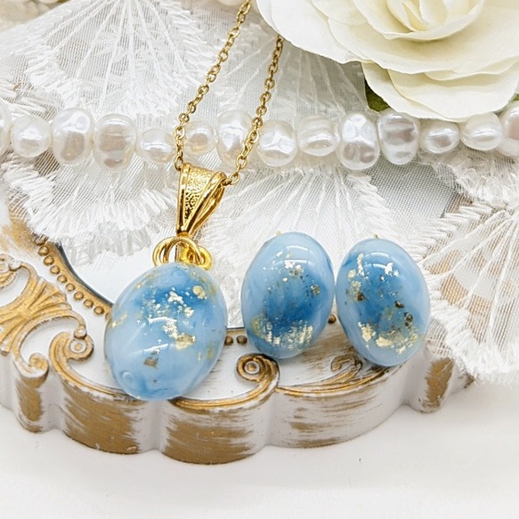 ブルー大理石風のピアス ネックレスセット③No.100